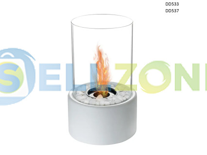 Λευκό διακοσμητικό στρογγυλό τζάκι βιοαιθανόλης με λευκές πέτρες – DD533/7